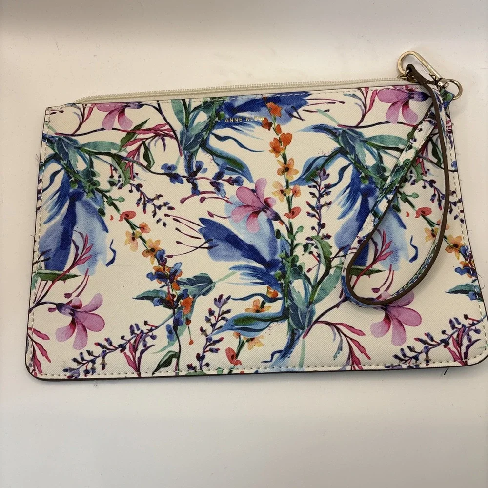 Anne Klein Colorful Watercolor Floral Wristlet Purse Bag Gold Hardware 10.5x7.5